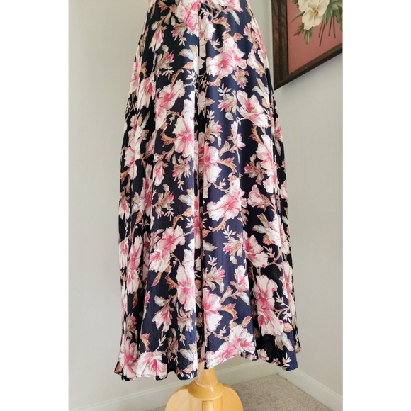 90s Black Floral Bias Cut 1990s Vintage Rayon Gauze V Neck Midi Dress - Picture 12 of 14